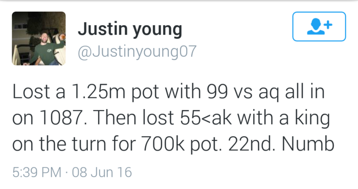 Justin Young bad beat Tweet WSOP 2016