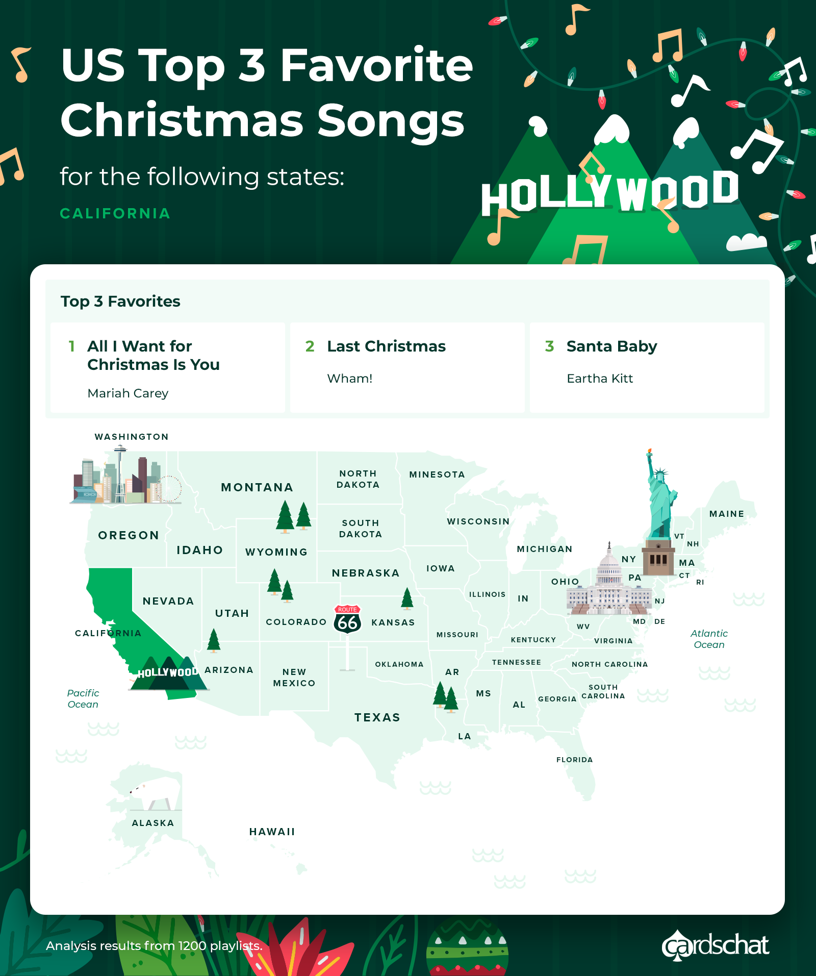 California map favorite christmas songs