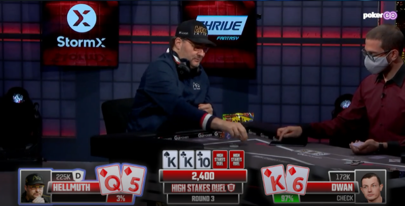 Hellmuth continuation bets the flop against Tom Durr Dwan
