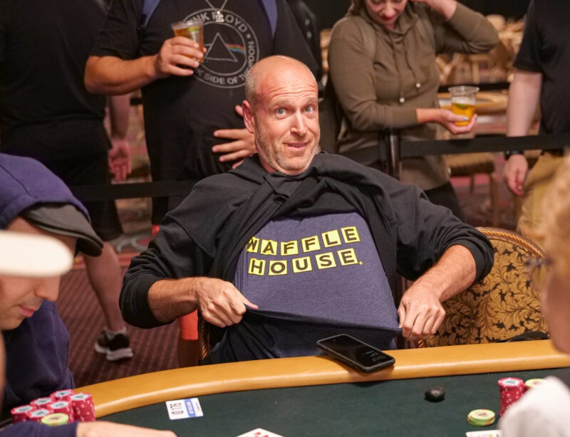 Poker player with waffle house t shirt