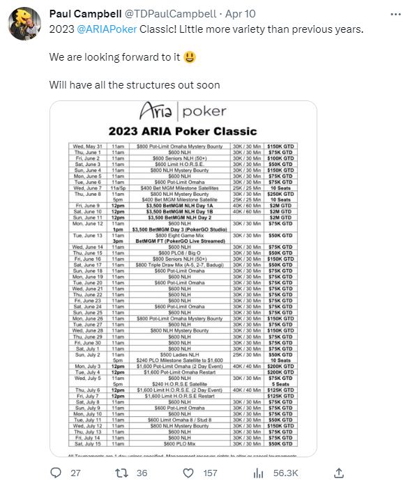 2023 Aria Poker Classic Schedule Tweet From Paul Campbell