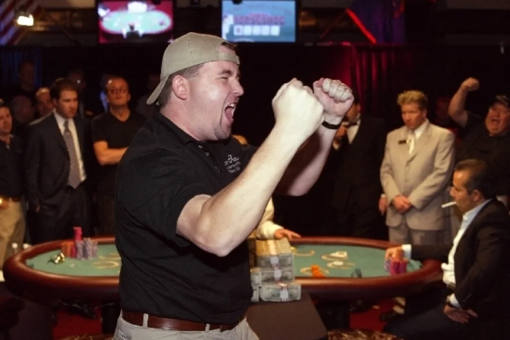 Chris Moneymaker celebrates the moment he won the 2003 World Series of Poker