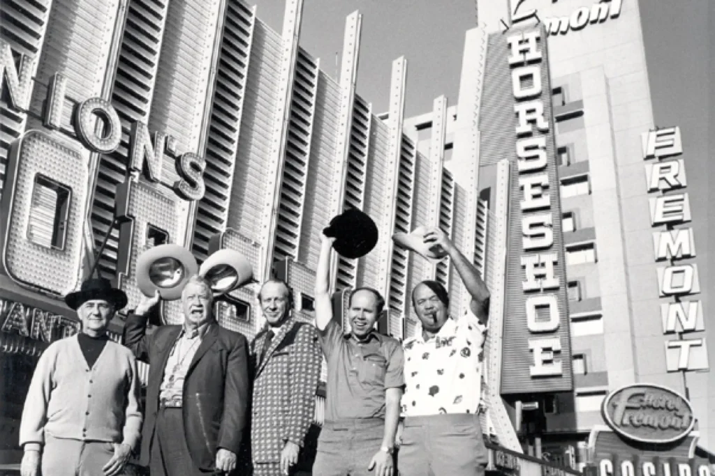 Poker players Johnny Moss, Chris Wills, Amarillo Slim Preston, Jack Binion and Walter 'Puggy' Pearson pictured in Las Vegas, 1974