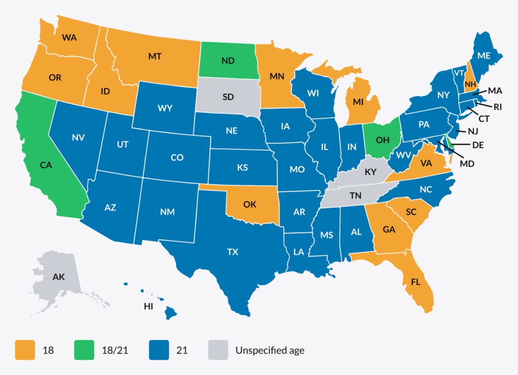 US map showing legal ages to play poker