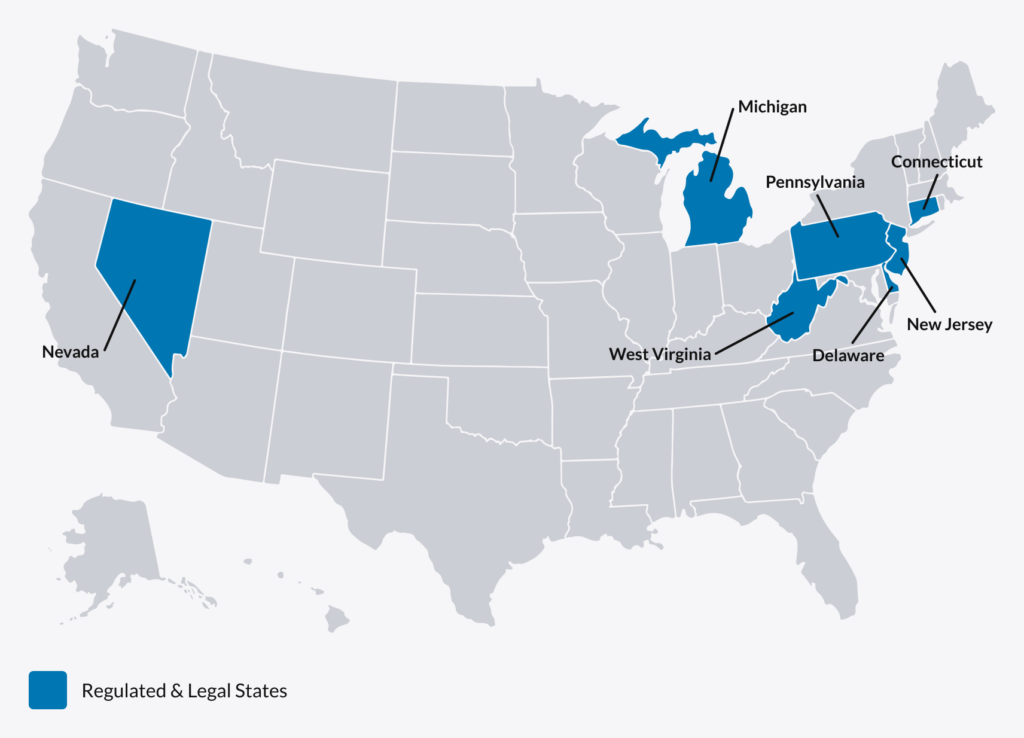 Map of the US showing regulated states for poker