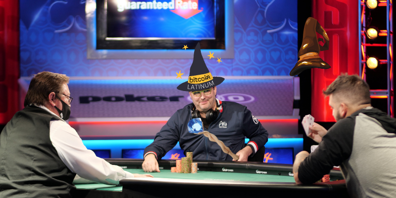 Phil Hellmuth wearing a wizard hat and magic staff