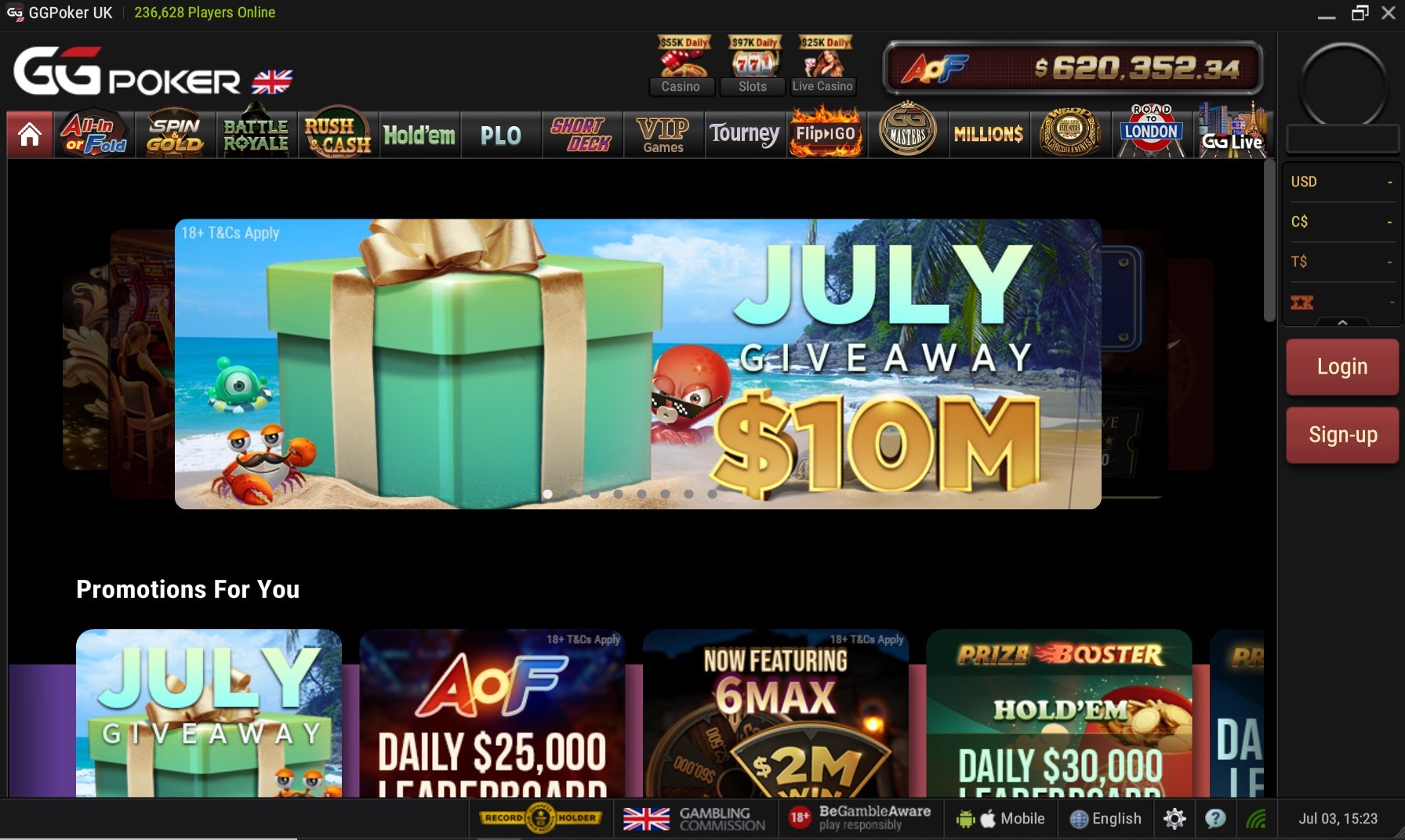 A view of the GGPoker lobby, running on its downloadable desktop client