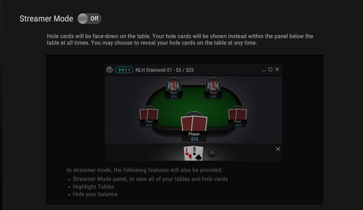 A screen showing how Streamer Mode can be selected at GGPoker