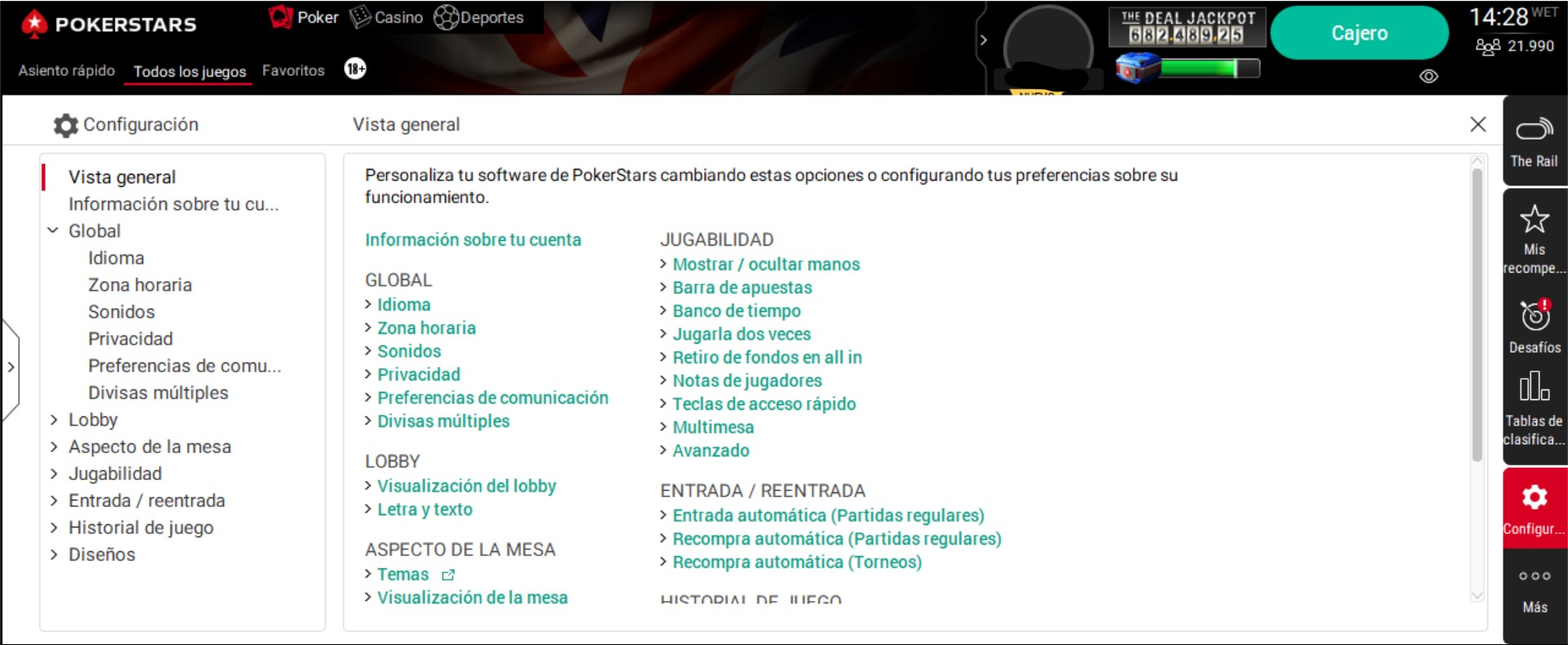 El menú de configuración de PokerStars muestra varias opciones de juego, apariencia, idioma