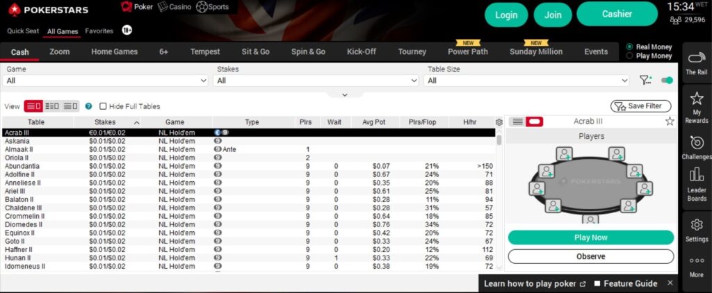 The main PokerStars lobby, opened on the cash games tab