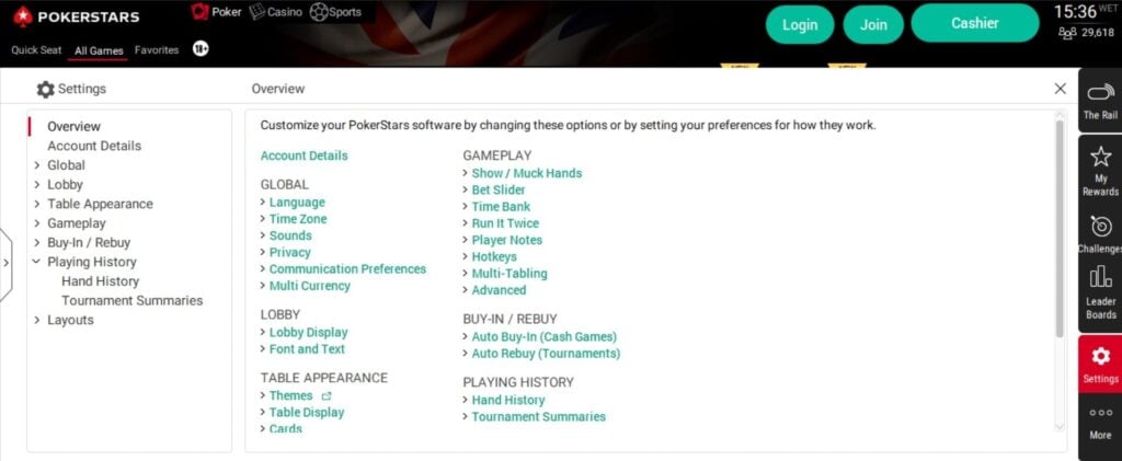 The PokerStars settings menu shows various options for gameplay, appearance, language and more
