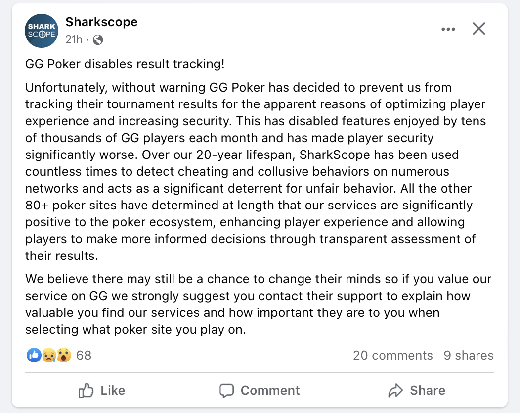 GGPoker Blocks Sharkscope from Collecting Player’s Results